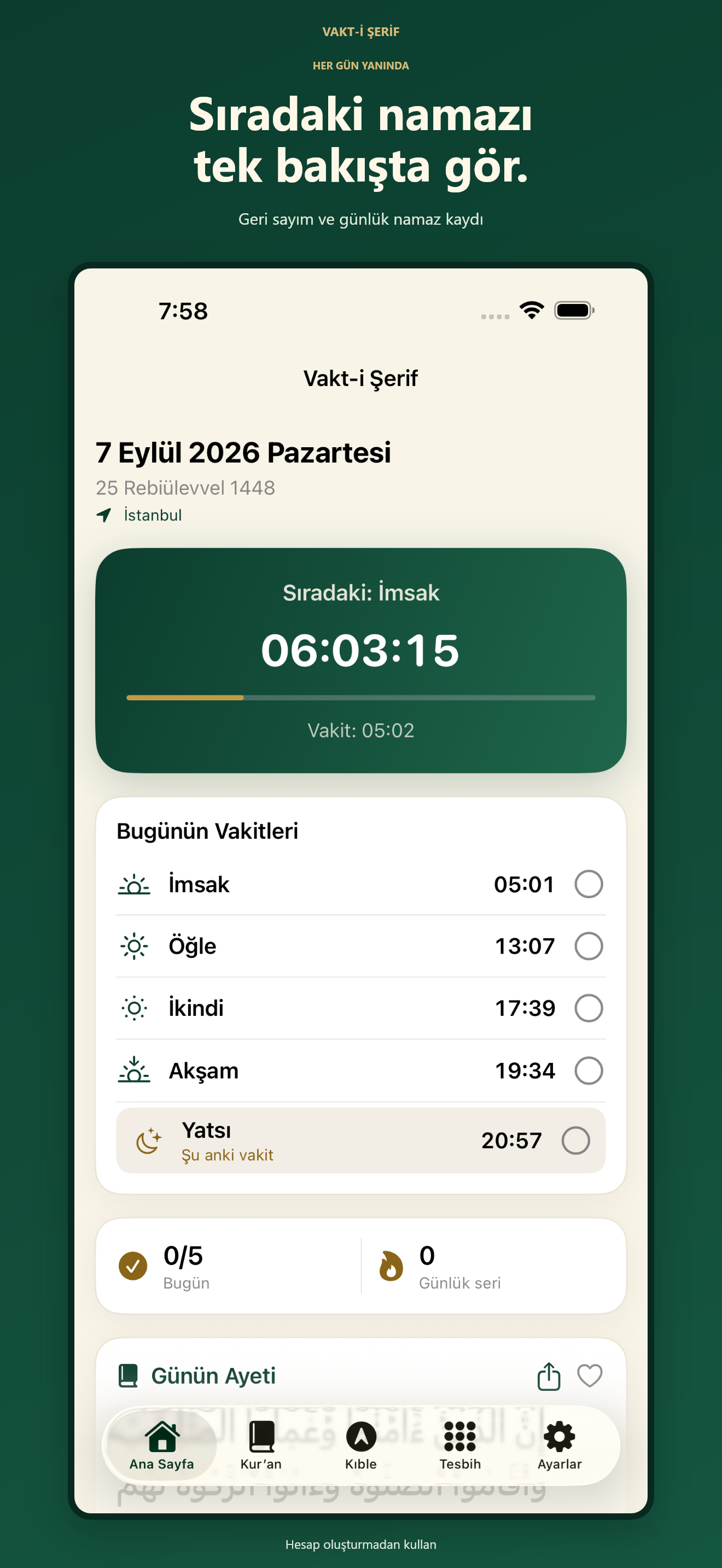 Vakt-i Şerif uygulamasında namaz vakitleri ve günlük namaz sayacı
